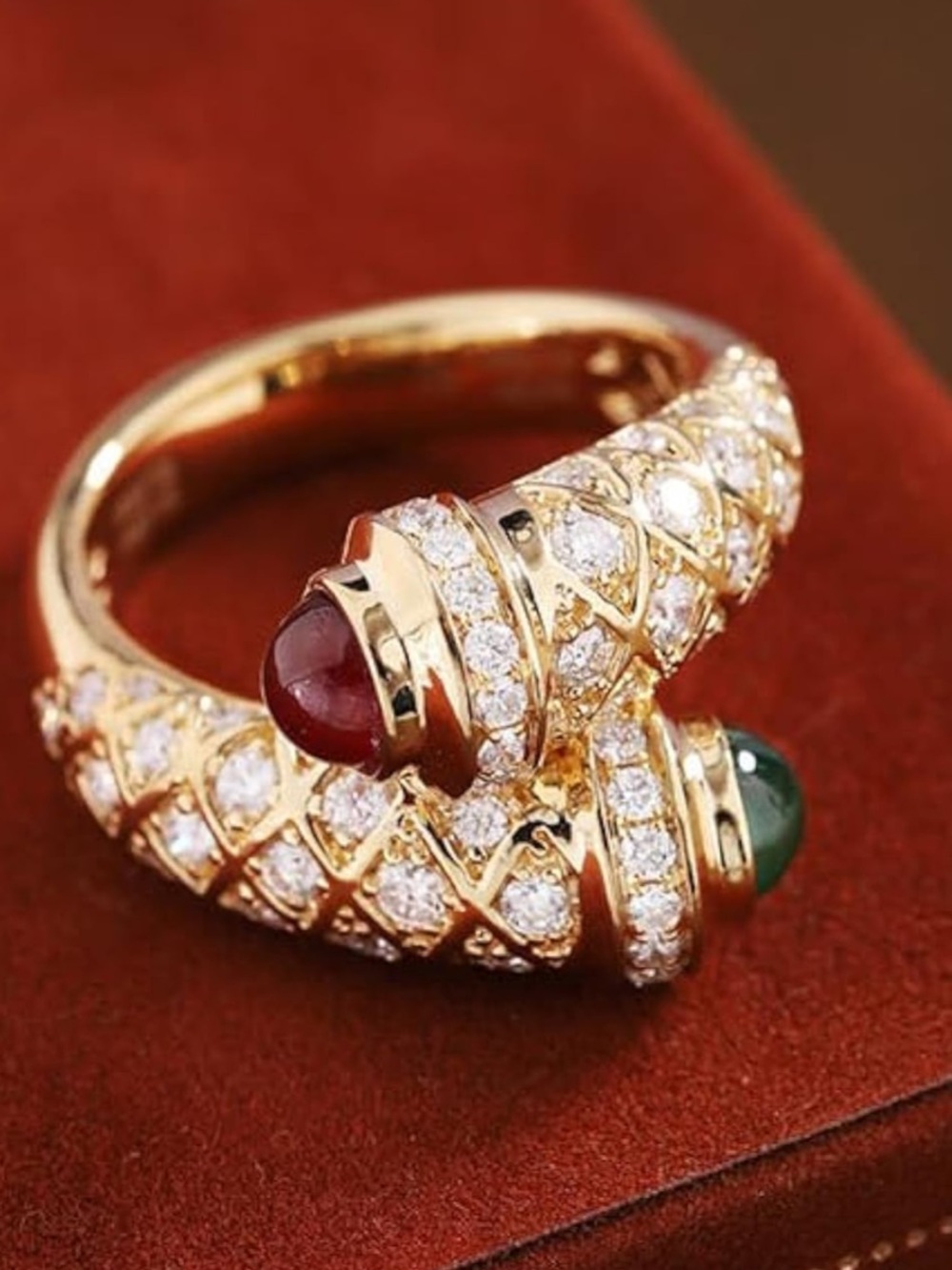 Luxury Serpent Wrap Ring | Gold Crystal Snake Ring | Red & Green Gem Statement
